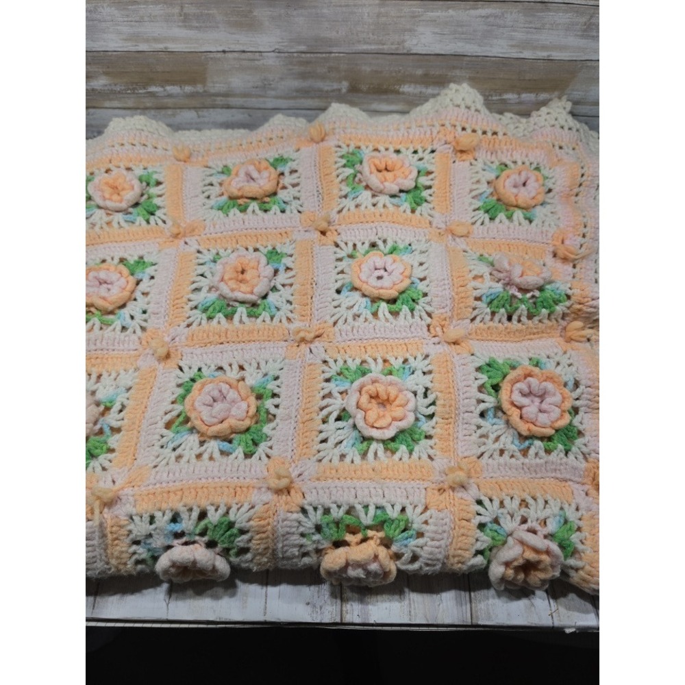 Vintage 60"x70" Handmade Crochet Floral Afghan Blanket Peach Pink Granny Square